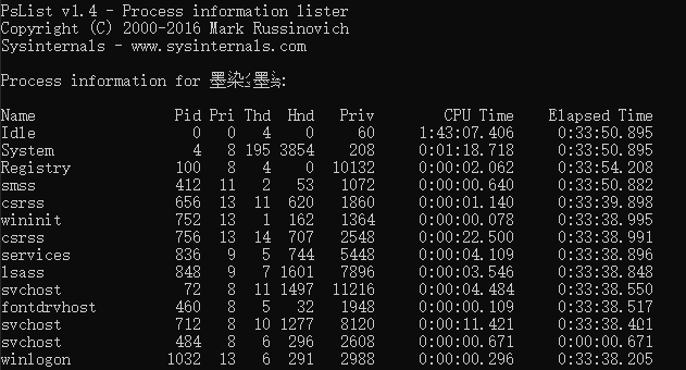 PsList 显示当前计算机上进程相关信息